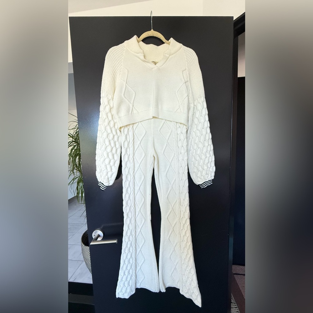 Free People Cream Cable-Knit Wide-Leg Pants with Matching Sweater - Picture 1 of 7